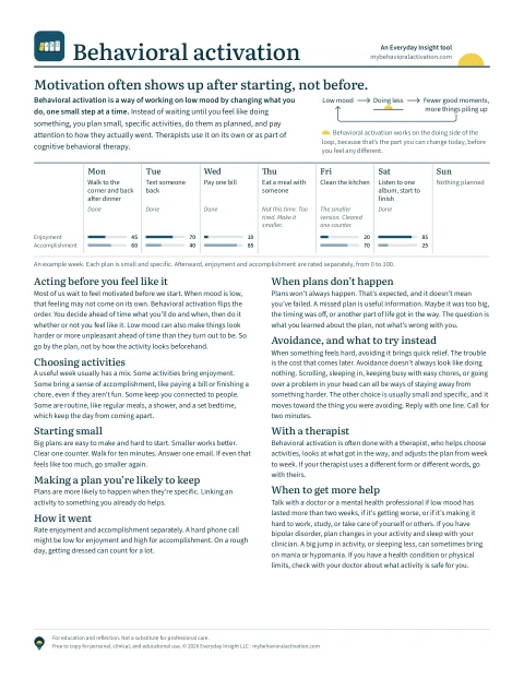 The behavioral activation handout, one printed page