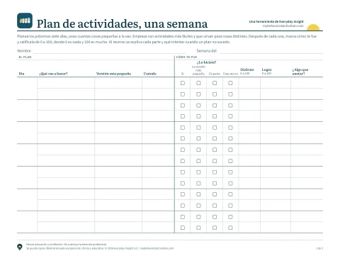 La primera página del plan de actividades de una semana, con el plan a la izquierda y cómo te fue a la derecha